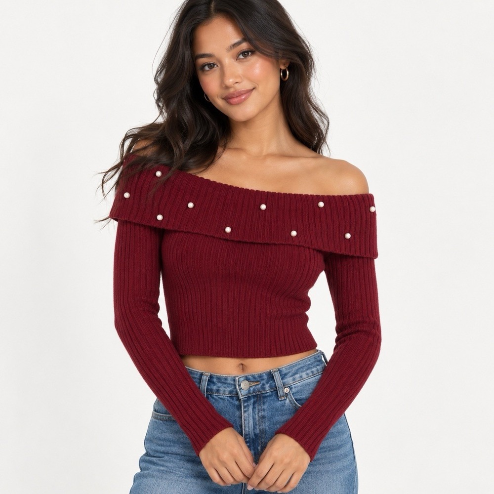 Sweet Rain Women's Small Burgundy Pearl Off Shoulder Ribbed Sweater Coquette Y2K
